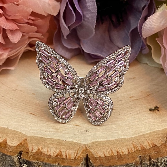 Sparkly Pink and Silver Crystal Butterfly Ring - Picture 5 of 13